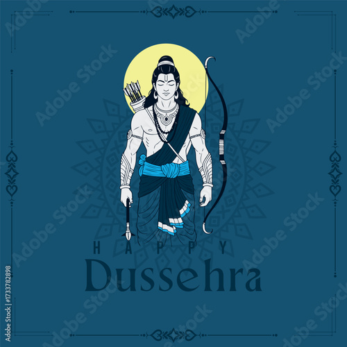 Regal illustration of Lord Rama standing, holding his bow and quiver. Features a yellow sun/halo, subtle mandala, and decorative borders on a deep blue background. Happy Dussehra greeting.