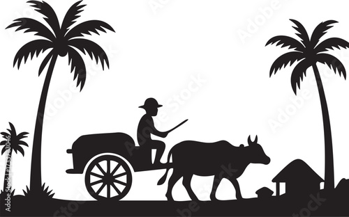 Silhouette illustration of a person riding a bullock cart with palm trees and a small hut in the background, isolated on transparent background