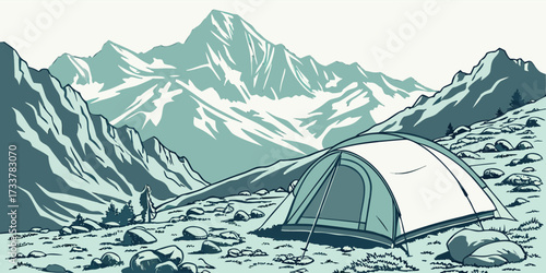 Vector illustration of a tent pitched on a rocky mountain plateau, snow-capped peaks in the distance, cool blue-gray color palette with touches of green, dramatic high-altitude atmosphere, minimal