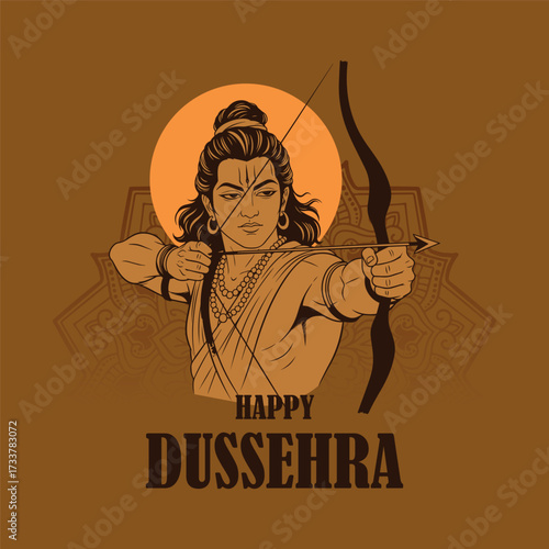 Determined Lord Rama aiming his bow and arrow directly at the viewer. Classic vector illustration on a warm brown background with a subtle mandala and sun/halo. Happy Dussehra greeting.