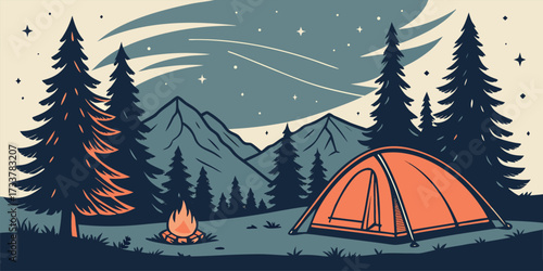 Vector illustration of a glowing orange tent in the mountains, surrounded by tall pine trees, dark blue starry night sky with visible Milky Way, campfire glowing softly, no people, clean flat design w