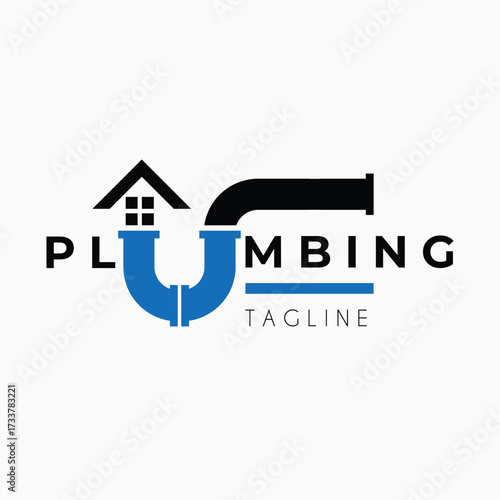 pipe plumbing combination logo, house and letter u vector design