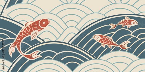 Japanese inspired pattern featuring fish swimming in waves