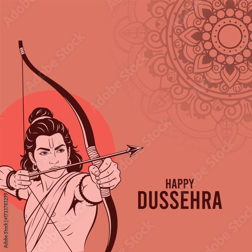 Detailed illustration of Lord Rama in a determined archer pose, drawing a sharp arrow. Features a large, subtle mandala pattern and a warm reddish-pink background. Happy Dussehra greeting.