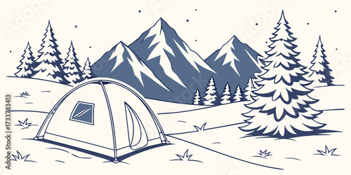 Simple vector artwork of a tent pitched on snowy ground, blue and white mountain peaks in the background, a few snow-covered trees, soft pale sky, clean minimal flat style, peaceful winter mood,