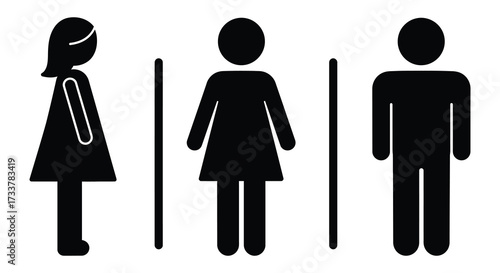 Simple black silhouettes depicting a woman a person and a man