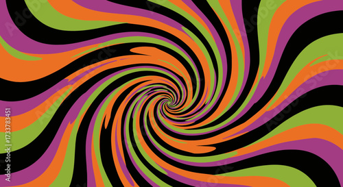 A vibrant psychedelic spiral pattern with swirling bands of black, orange, purple, and green.