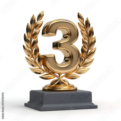 Golden number three trophy with laurel wreath on pedestal