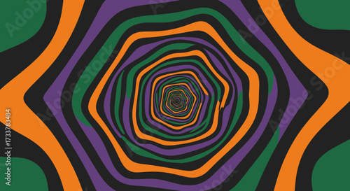 Abstract psychedelic tunnel with wavy concentric shapes in orange, purple, green, and black, creating an optical illusion of depth and movement.