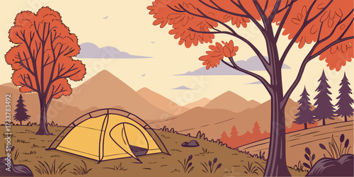 Vector illustration of a camping scene in autumn, orange and red trees surrounding a yellow tent, distant brown mountains with low sunlight, warm earthy tones, soft gradient sky, rustic and cozy atmos