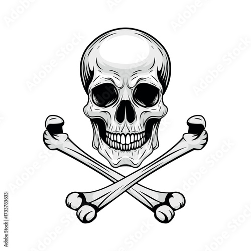 Detailed black and white tattoo illustration of a human skull and crossbones