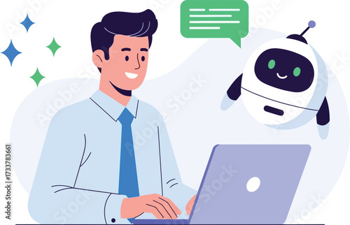 Man using laptop with robot assistant isolated on white background