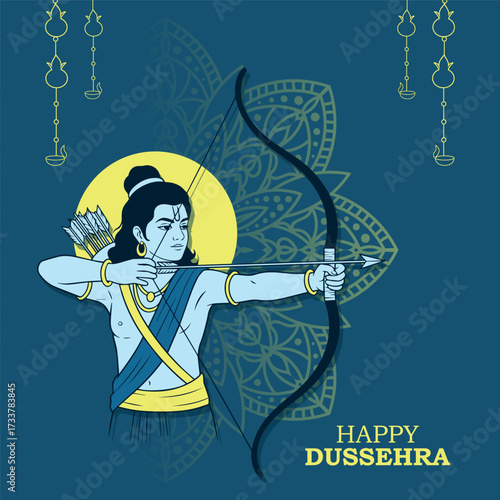Powerful illustration of Lord Rama aiming his bow and arrow in blue and yellow tones. Features a mandala halo and decorative hanging diya accents on a deep blue background. Happy Dussehra.