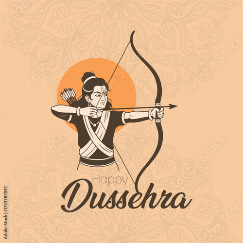 Focused illustration of Lord Rama aiming his large bow and arrow on a soft, peachy background. Features a central sun/halo and subtle mandala floral patterns. Happy Dussehra.