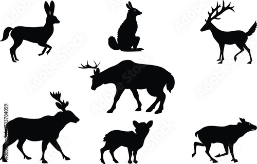 Collection of diverse wildlife animal silhouettes on white background