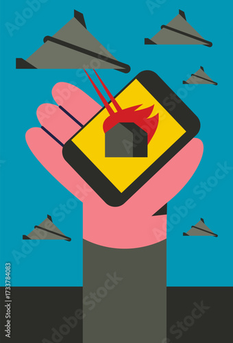 AI Shahed Drone Control App on Phone. Vector Illustration. Editable Flat Design.