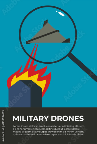AI Drone bombing house Futuristic Military Tech. Vector Illustration. Editable Flat Design.