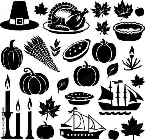 Thanksgiving Harvest and Holiday Icon Silhouettes Set