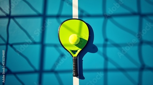 Padel racquet and ball resting on blue court