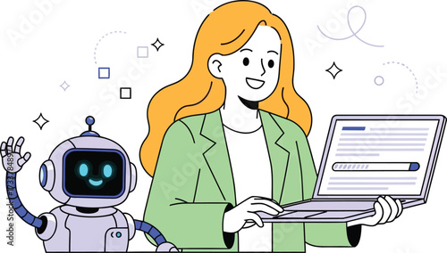 Woman with orange hair and robot friend working on laptop isolated on white background