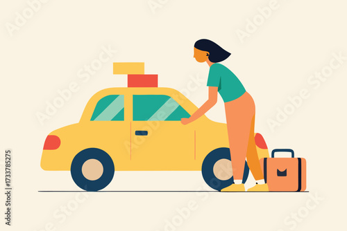 Illustration of Woman Preparing to Leave in Taxi with Luggage Near By