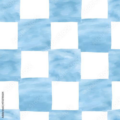 Blue Watercolor Checkered Squares Seamless Pattern