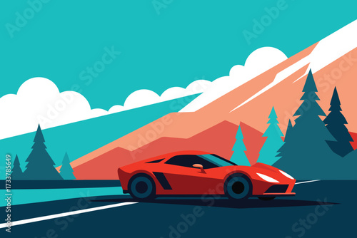 Illustration Red Sports Car Driving on a Road with Mountain Landscape Background