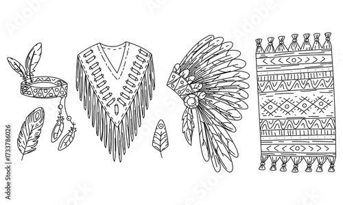 Set of doodle-style elements, cultural Native American clothing items. Headband, leather cape, Navajo cloth blanket, feather crown, feathers. Handmade items. Black doodle on white. American Indians