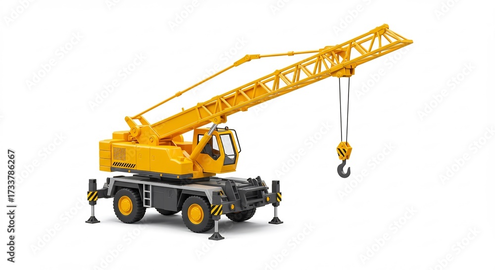 Obraz premium Vibrant yellow mobile crane model ready for heavy lifting against a clean white background in a brightly lit studio shot