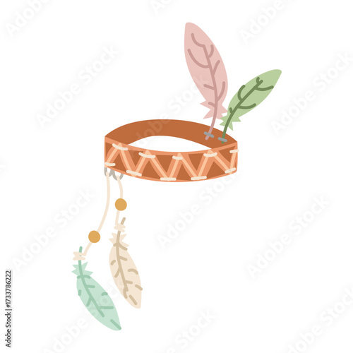 Leather headband with feathers decorated with Indian drawings, colored flat illustration. Women's headdress. Part of an Indian fancy dress costume. Nomadic lifestyle. American Indians