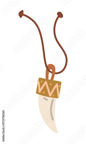Pendant made of a wild animal's tooth, sharp bone, Native American motif, colored flat illustration. Neck ornament, hunting trophy. Part of an Indian costume. Nomadic lifestyle. American Indians