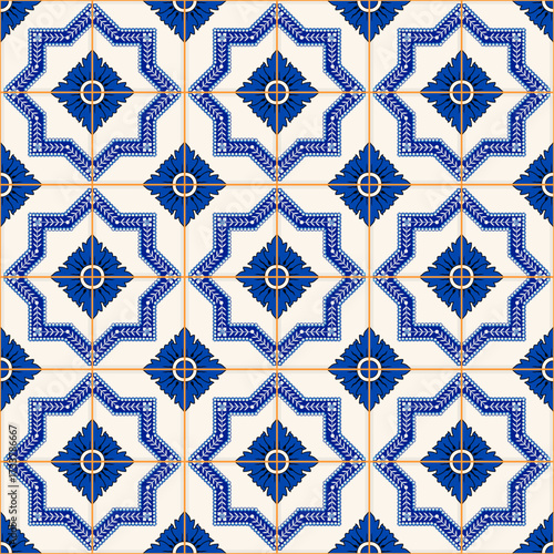 Gorgeous seamless pattern from dark blue and white Moroccan, Portuguese tiles, Azulejo, ornaments. Can be used for wallpaper, pattern fills, web page background,surface textures.