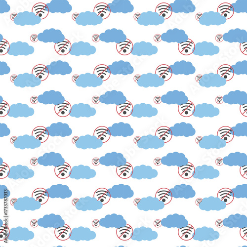Internet free seamless pattern for vacation designs using crossed wireless symbols across clouds