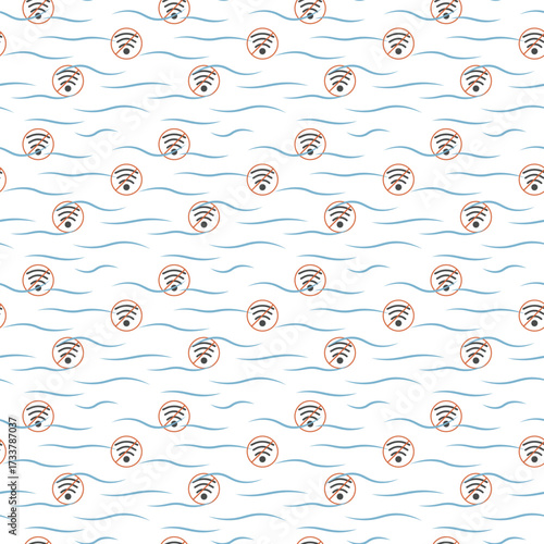 No WiFi seamless pattern for offline travel designs with muted wireless icons across sea waves