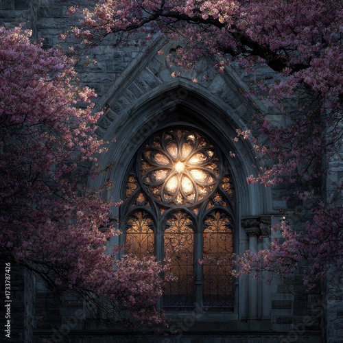 A Gothic cathedral with a rose window, surrounded by cherry blossom trees, illuminated by soft, diffused light, creating a serene and ethereal atmosphere. The cathedral's stone .