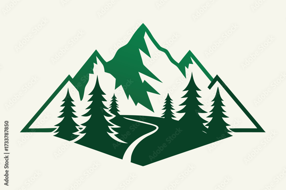 Obraz premium Mountain Landscape with Trees and Winding Path Silhouette Logo for Outdoors and Adventure Brand