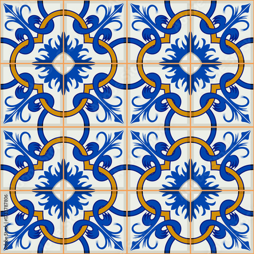 Gorgeous seamless pattern from dark blue and white Moroccan, Portuguese tiles, Azulejo, ornaments. Can be used for wallpaper, pattern fills, web page background,surface textures.
