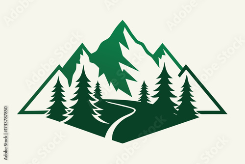 Mountain Landscape with Trees and Winding Path Silhouette Logo for Outdoors and Adventure Brand