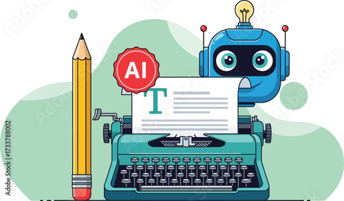 Ai writing with typewriter isolated on white background