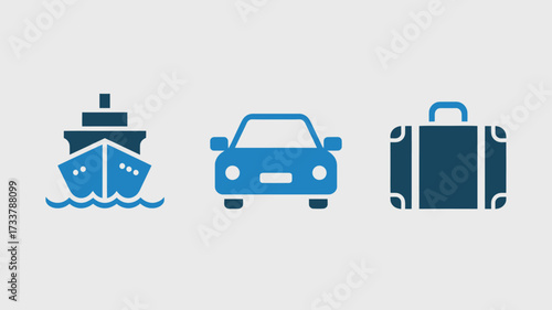 Set of transportation icons including a ship car and suitcase simple flat vector design element for web and mobile apps isolated on white background