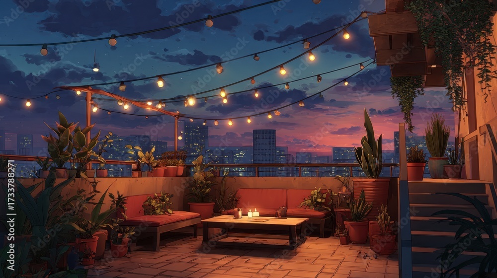Obraz premium Evening relaxation on a secret rooftop terrace overlooking the city skyline
