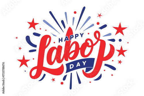 Patriotic Happy Labor Day Illustration with Stars, Stripes, and Celebratory Fireworks