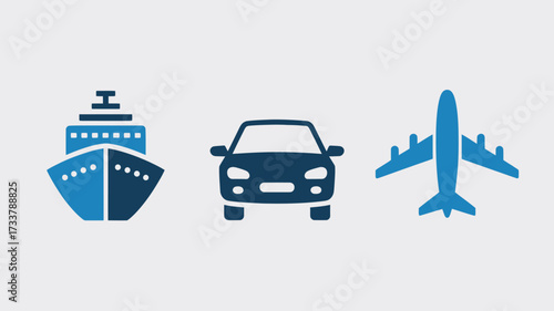 Transportation icon set flat vector glyph design includes ship car and airplane for travel and logistics applications