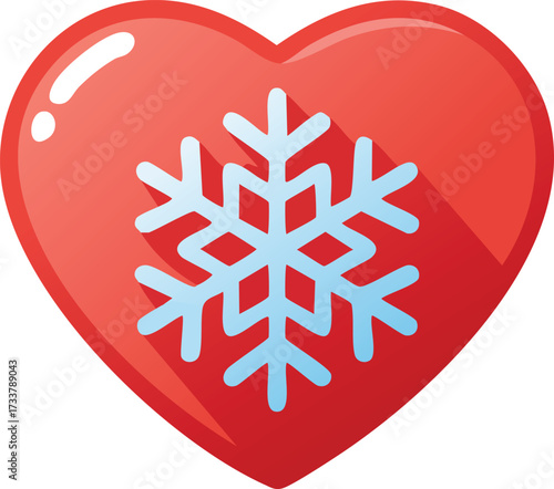 A bright red heart with a blue snowflake icon in the center, casting a long shadow.