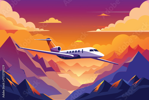Private Jet Flying Over Mountain Range at Vibrant Sunset Illustration