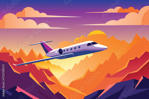 Private Jet Flying over Mountains at Sunset with Clouds in Colorful Gradient Sky