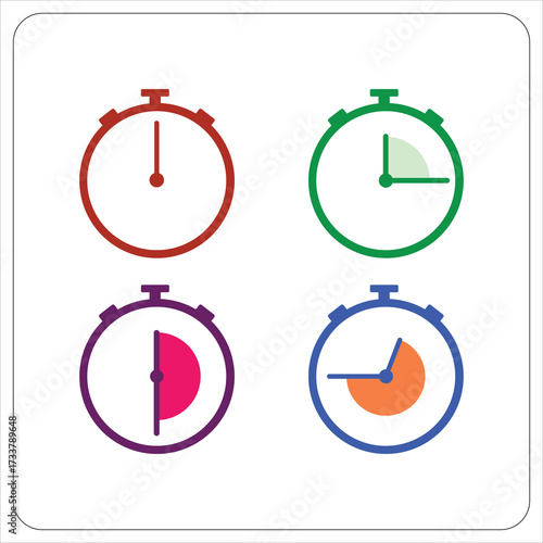 MobileSet of four colorful stopwatch and timer icons in a modern flat design style for measuring time intervals and countdowns.