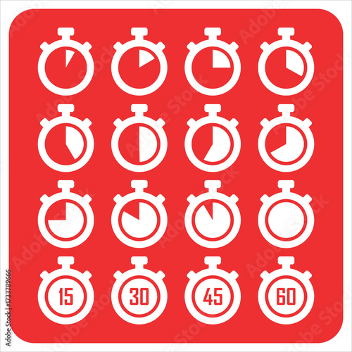 Stopwatch timer icon set showing time passing in increments of 15, 30, 45, and 60 seconds on a red background