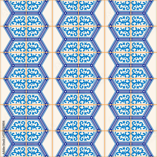 Gorgeous seamless pattern from dark blue and white Moroccan, Portuguese tiles, Azulejo, ornaments. Can be used for wallpaper, pattern fills, web page background,surface textures.