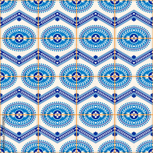 Gorgeous seamless pattern from dark blue and white Moroccan, Portuguese tiles, Azulejo, ornaments. Can be used for wallpaper, pattern fills, web page background,surface textures.